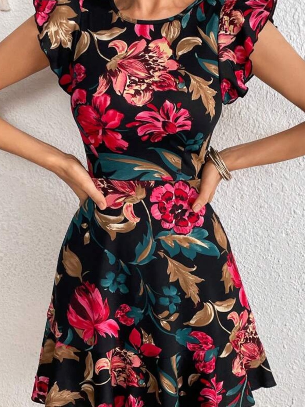 SHEIN Black Fit & Flare Dress with Pink Floral Print